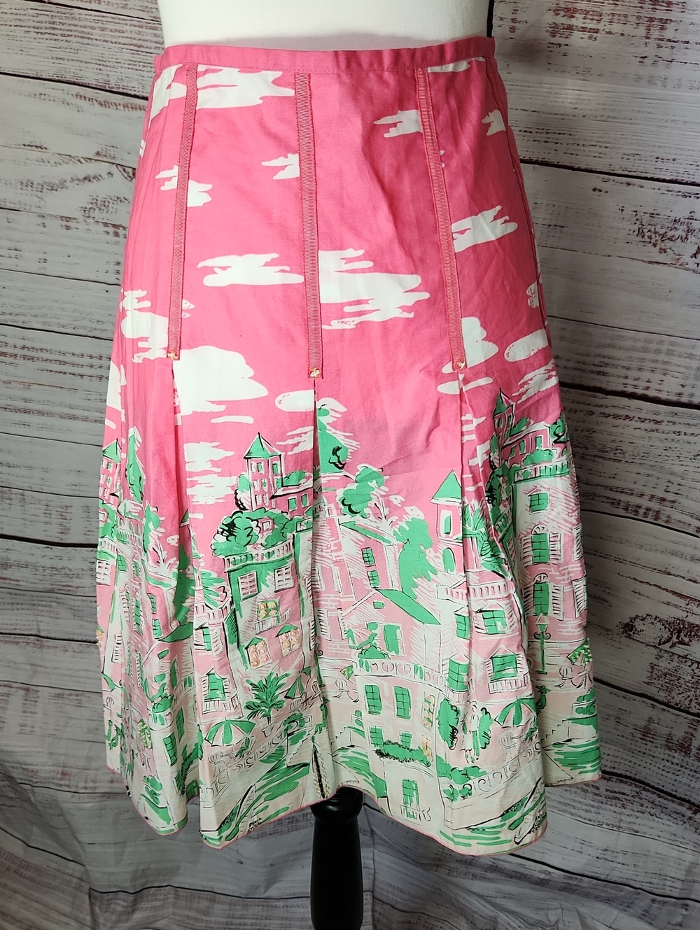 kenzie Pink A-Line Skirt with Green & White Scenic Print